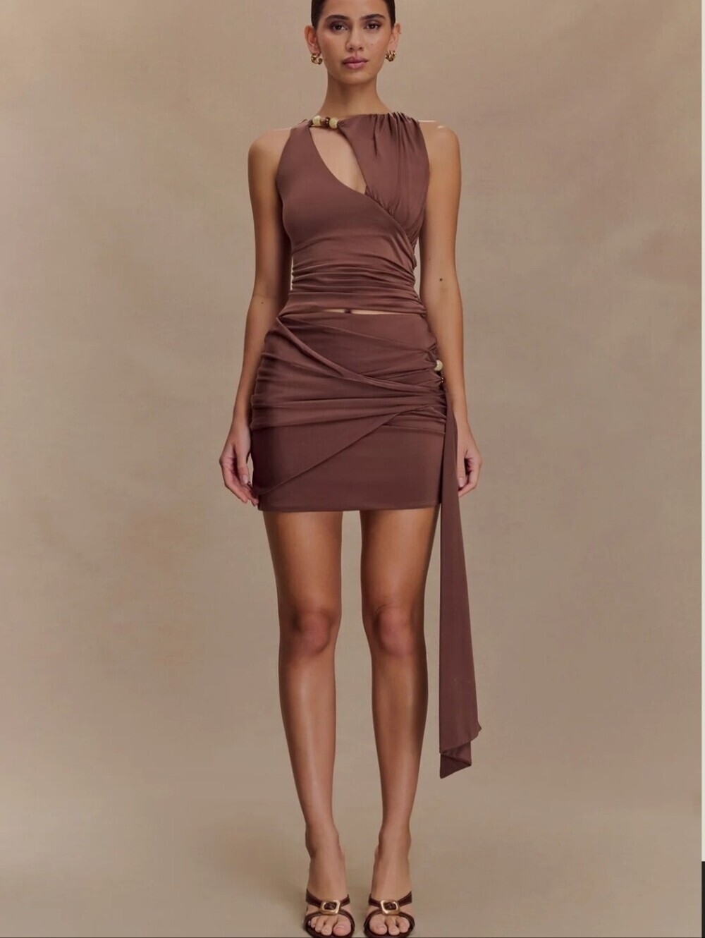 MESHKI Alicent Mini Skirt NWT | Chocolate Brown | Ruched Wrap | Y2K Style Size M